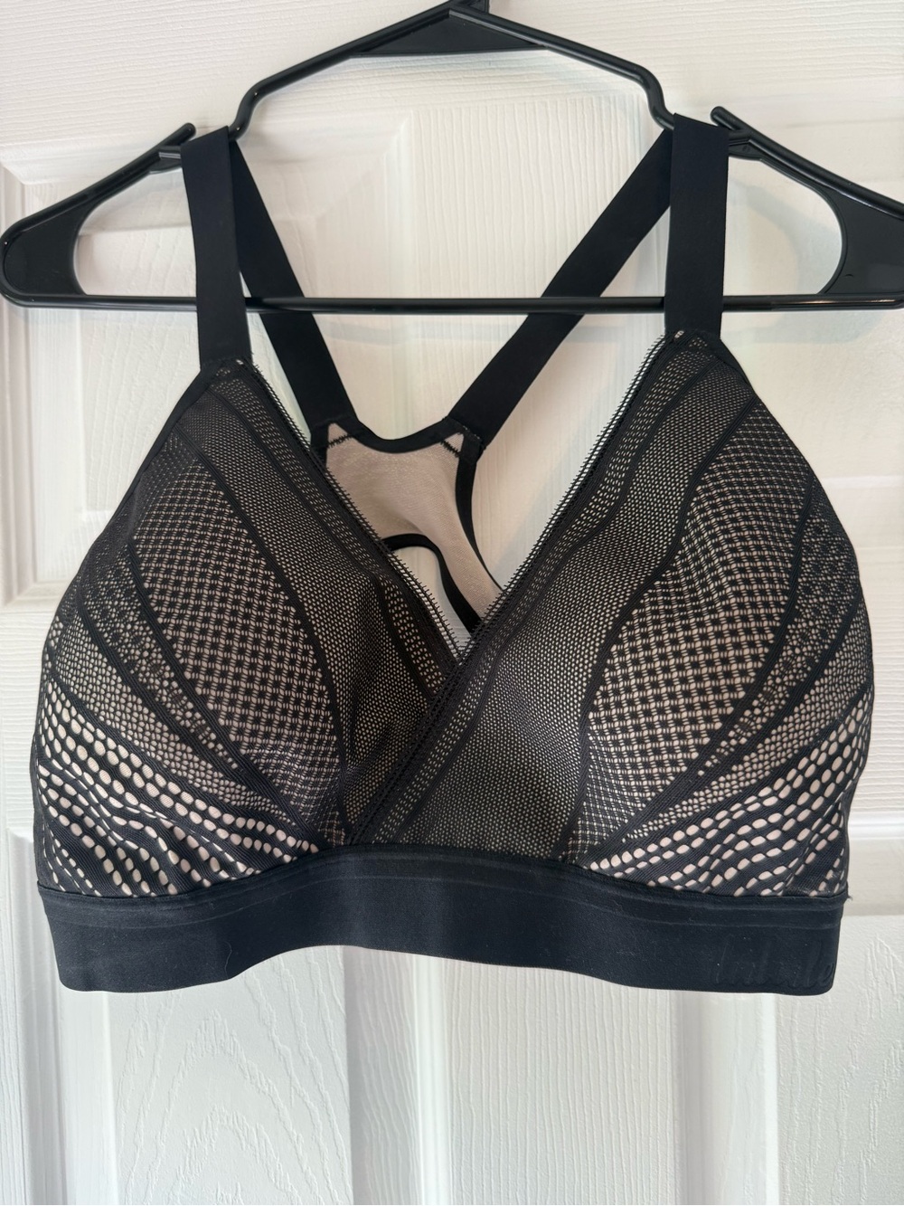 Lululemon Awake To Lace Bra in the Black/Barely Beige colorway 36DD